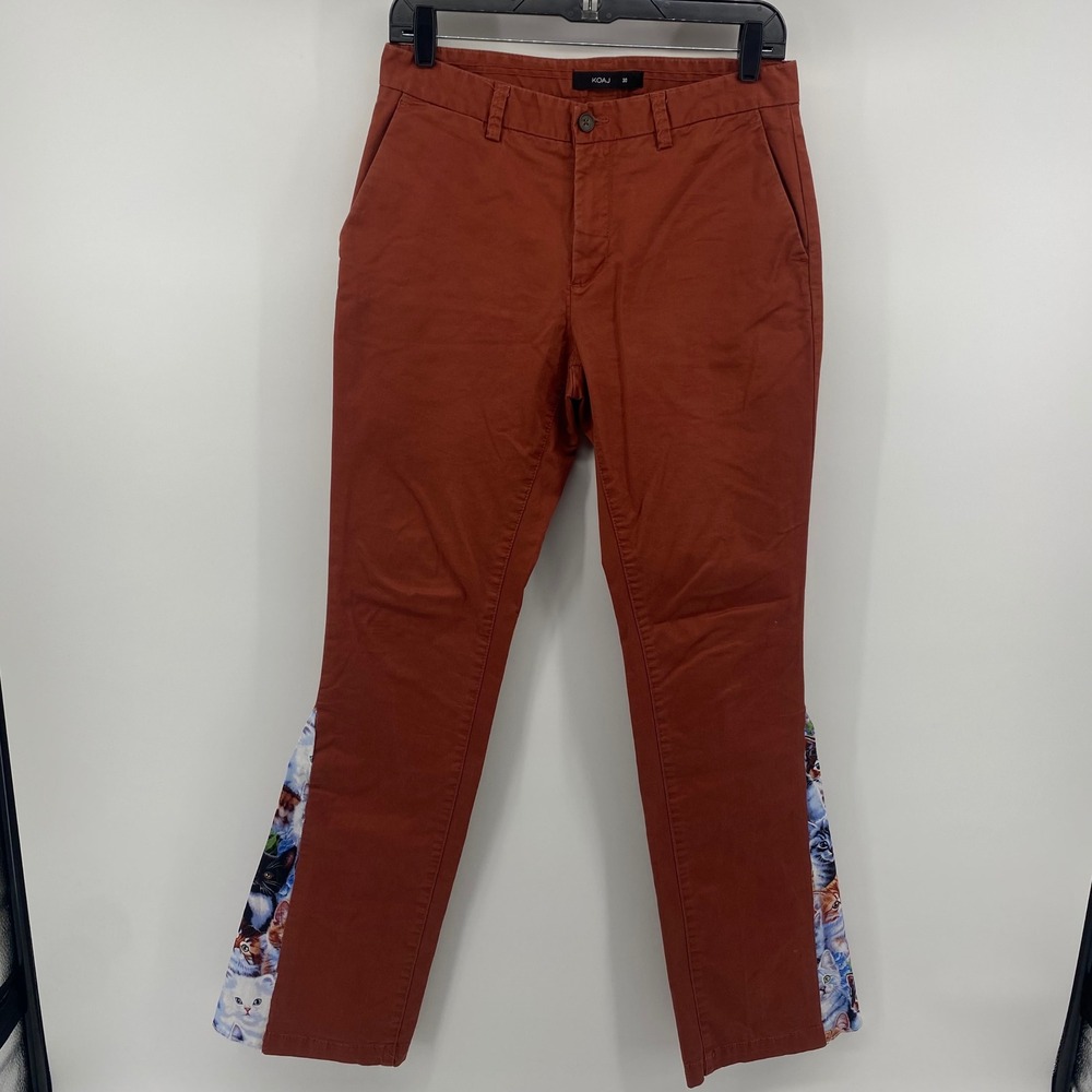KOAJ Skinny Pants Women 30 Rust Orange Cat‎ Print Flare Gusset Custom Chinos